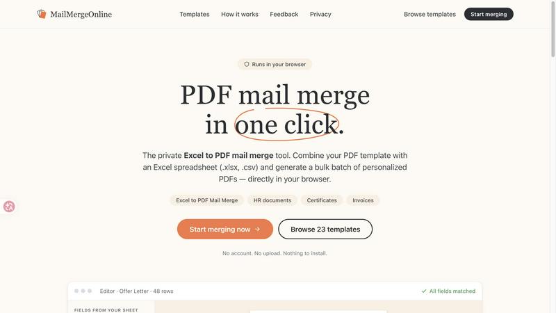PDF Mail Merge Online application interface and features