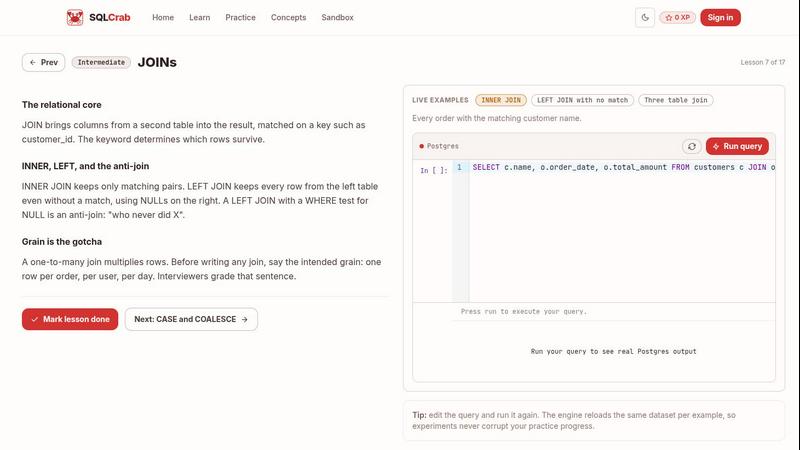 SQLCrab application interface and features